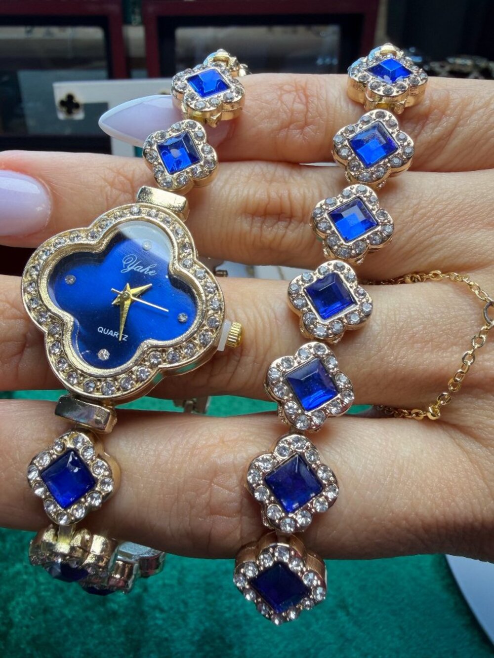 Gold Tone Clover Bracelet Watch Blue Stones + Matching Hand Chain Bracelet Set